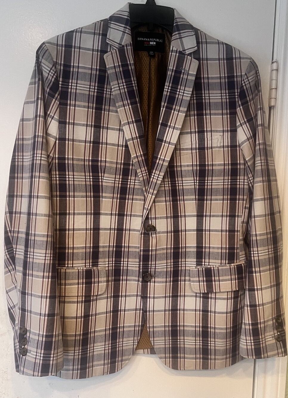 Banana Republic Mad Men Plaid Blazer 38S Tailored Slim Fit Navy Red Gold Lining - Picture 1 of 16